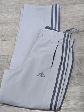 Vintage Y2K Adidas Mens Small Spell Out Striped Wide Leg Sweatpants Pants Gray